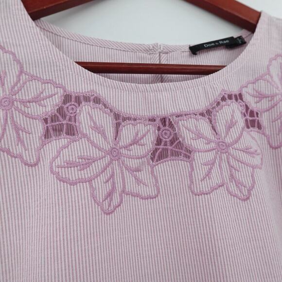 Womens Peplum Top Medium Pink Striped Ruffled Embroidered Cottagecore Modest - Picture 5 of 15